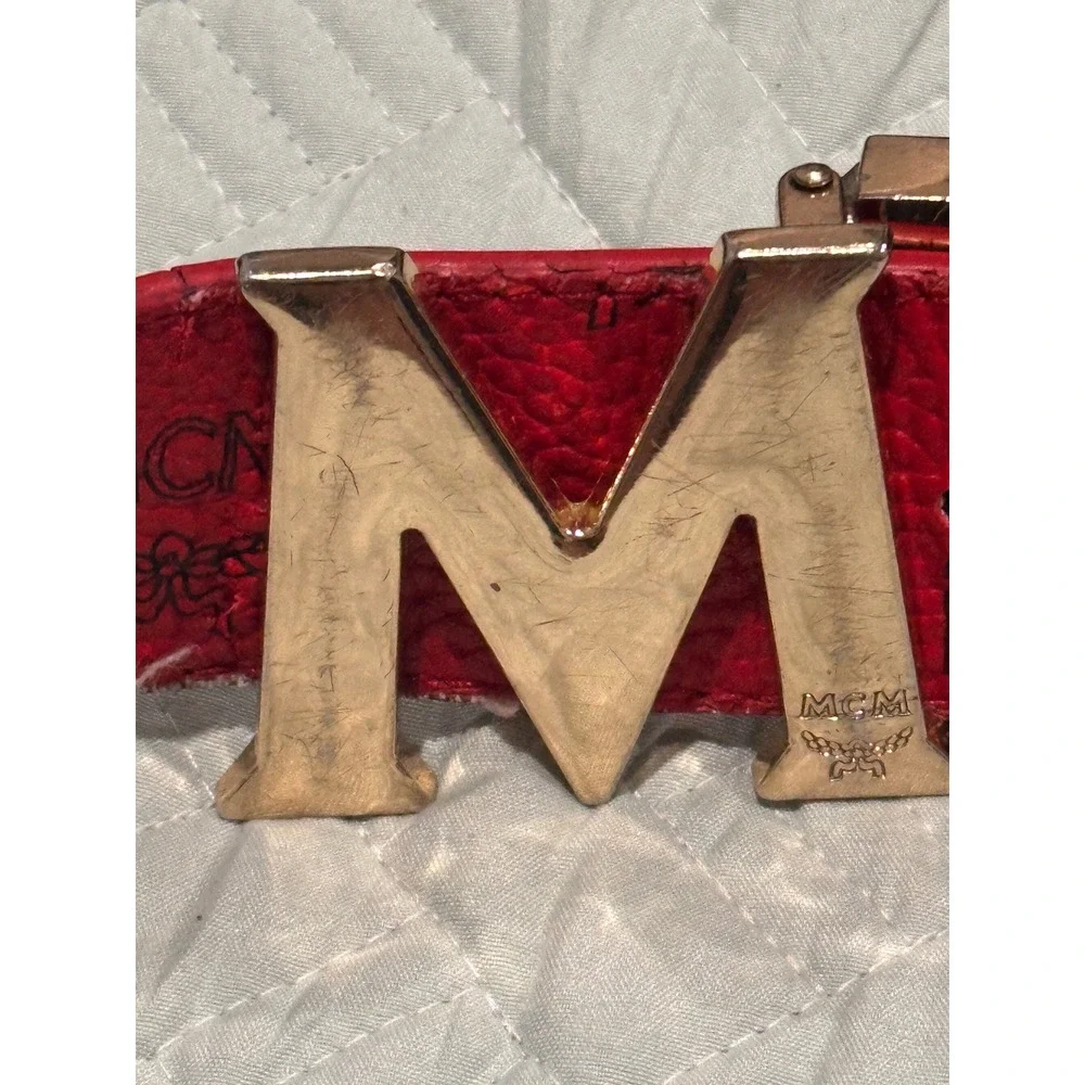 MCM Claus Reversible Belt Red Black Visetos Monogram Gold M Buckle Mens
